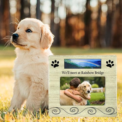 Pet Memorial Picture Frame for Dogs or Cats, “We’ll Meet at Rainbow Bridge” Sympathy Gift, Holds 4x6 Horizontal Photo, 8 x 7.25 Inch Bereavement Frame for Loss of Dog, Cat, Puppy or Kitty