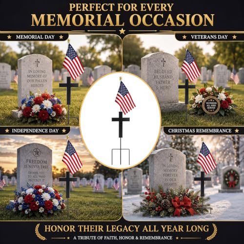 16 Inch Cross American Veteran Grave Marker, American Flag Holder | Metal Black Cross with Ground Stake, American Flag Hole Ready, Patriotic Graveside Tribute, 4th of July Memorial Display - style: Cross