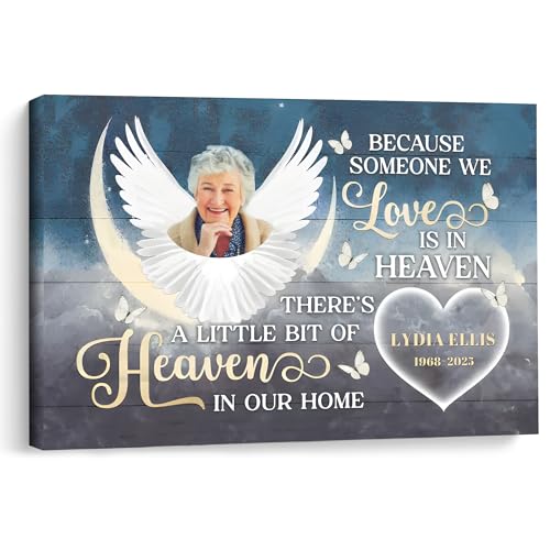 KiKiLuna Personalized Angel Wings Memorial Canvas Wall Art, Custom Photo Upload with Name and Date on Framed Canvas, Indoor Home Decor Sympathy Gift for Loss of Loved One Family - color: Design 1