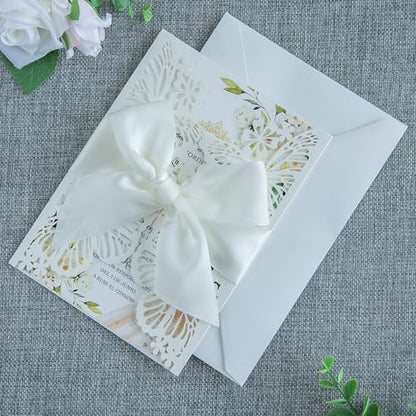 20 PCS Ivory Butterfly Quinceanera Invitation, Laser Cut Invitation Cards | 5.12x7.2" light Gold Glitter Butterfly Quinceanera Invitation with Envelopes for XV Anos Bridal Shower Baby Shower Invite - color: Ivory