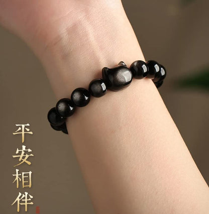 Pingyongchang Natural Black Obsidian Bracelet, Crystal Cat Beaded Bracelets for Women Men, Stretch Bracelet 8mm Stretch Elastic Bracelets - color: silver