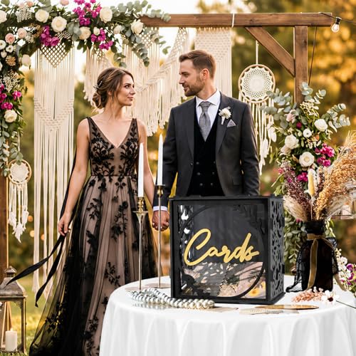 Black & Gold Wedding Card Box for Reception, PVC Gift Cards Holder for Graduation Party, Funeral Memorial, Birthday, Bridal & Baby Shower, Retirement, Donation Basket, Money, Envelope Box with Slot - color: Black