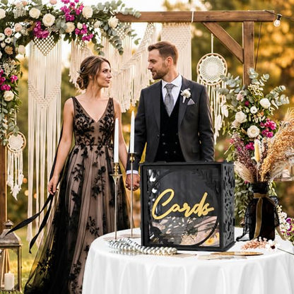 Black & Gold Wedding Card Box for Reception, PVC Gift Cards Holder for Graduation Party, Funeral Memorial, Birthday, Bridal & Baby Shower, Retirement, Donation Basket, Money, Envelope Box with Slot - color: Black