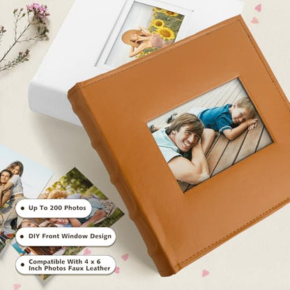 Photo Album Hold 200 4x6 Photos with Front Window for DIY (Brown) | Memo Writing Space,Suede Faux Leather Picture Albums, Picture Book 200 Pockets Fits 4x6 Photo, Travel Wedding Memories - color: Brown