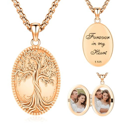 Picture Locket Necklace for Women Men Rose 14K Real Gold 925 Sterling Silver Jewelry Heart Locket Necklace that Holds Pictures Tree of Life Viking Wolf Celtic Knot St Christopher St Michael Pendant - color: I2-6-Tree of Life Locket-Rose Gold