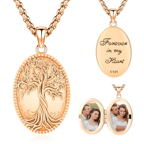 Picture Locket Necklace for Women Men Rose 14K Real Gold 925 Sterling Silver Jewelry Heart Locket Necklace that Holds Pictures Tree of Life Viking Wolf Celtic Knot St Christopher St Michael Pendant - color: I2-6-Tree of Life Locket-Rose Gold