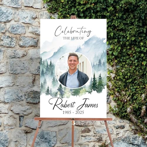 Memorial Funeral Sign, Modern Green Tree Forest Obituary Sign, 12' x 18' Weatherproof PVC, Double-Sided, Customizable - color: Version 7