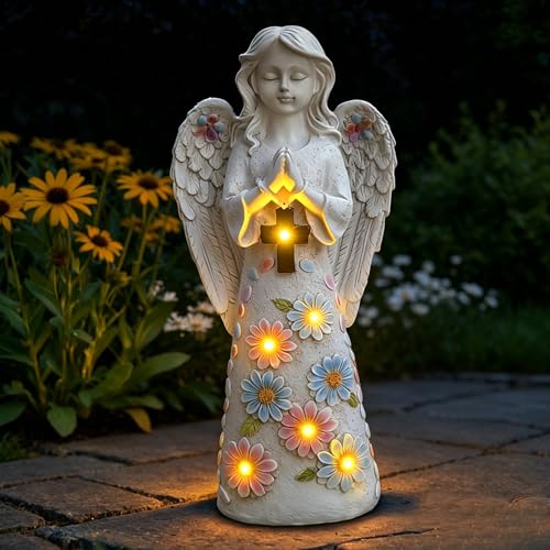 Voveexy Angel Garden Statue Outdoor Figurine, Solar Powered Garden Sculpture with 6 LEDs Resin Praying Angel Decor for Patio Lawn Yard Porch Decoration Christmas Birthday Housewarming Present 13.2” H