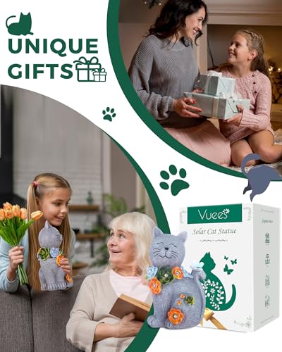 Vuees Solar Garden Statues Outdoor Decor, 6 LED Cat Flowers Butterfly Figurine Lights, Waterproof for Balcony Patio Porch Lawn Yard Ornament Art - Gift Ideas for Housewarming Gardening Grandma Women - style: Cat & Flowers