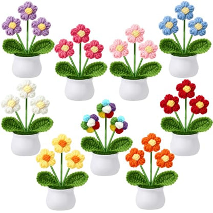 9 Pack Crochet Flower Bouquet Pot Bulk Thank You Gifts Handmade Knitted Puff Flower Mini Floral Plant for Women Coworker Summer Wedding Home Table Car Decor - style: Puff Flowers