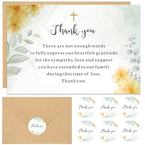 50 Set Funeral Thank You Cards with Envelopes and Matching Seal Stickers,Thank You Sympathy Cards with Message,Bereavement Sympathy for Funeral Family Friends Loved Ones（flowers） - style: Flower