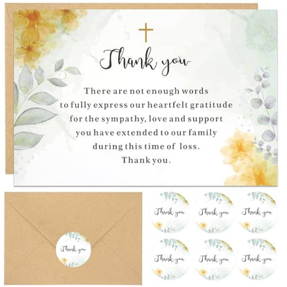 50 Set Funeral Thank You Cards with Envelopes and Matching Seal Stickers,Thank You Sympathy Cards with Message,Bereavement Sympathy for Funeral Family Friends Loved Ones（flowers） - style: Flower