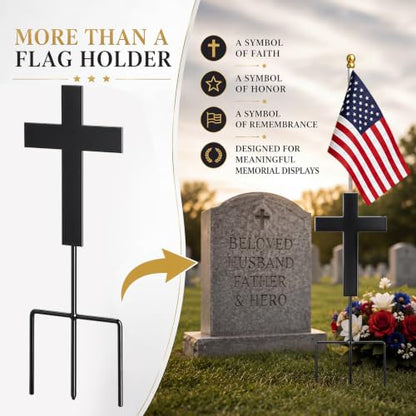 16 Inch Cross American Veteran Grave Marker, American Flag Holder | Metal Black Cross with Ground Stake, American Flag Hole Ready, Patriotic Graveside Tribute, 4th of July Memorial Display - style: Cross