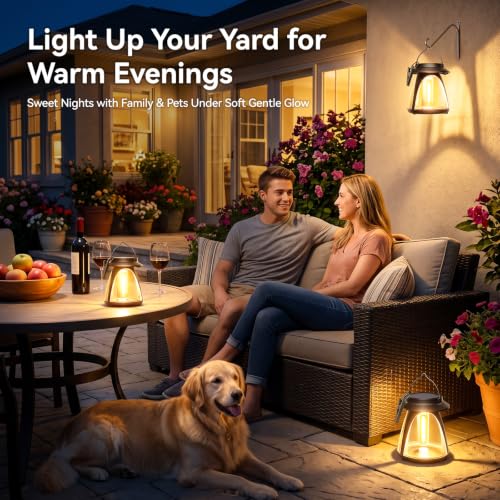 Outdoor Hanging Solar Lanterns, IP65, 2 Brightness Modes, 2 Pack | Warm white light with 2 brightness modes, 8–12 hour runtime and dusk-to-dawn sensor for patios, porches, yards and camping