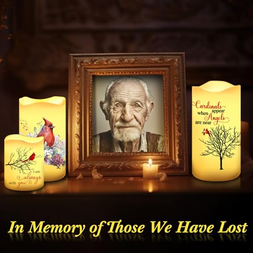 Tujoe 3 Pcs Memorial Candles Sympathy Gifts Cardinal Flameless Candles Christmas Sympathy LED Battery Operated Lights Memorial Gift for Loss of Mom, Father, Remembrance - style: Cardinal