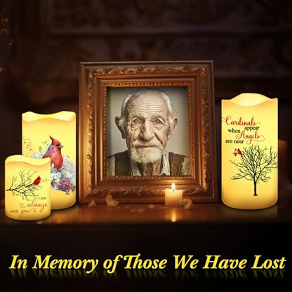 Tujoe 3 Pcs Memorial Candles Sympathy Gifts Cardinal Flameless Candles Christmas Sympathy LED Battery Operated Lights Memorial Gift for Loss of Mom, Father, Remembrance - style: Cardinal