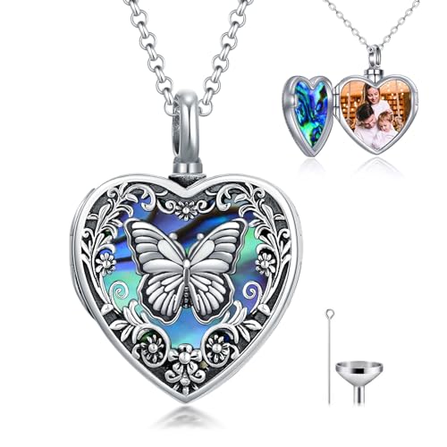 Personalized Heart Urn Locket Necklace for Ashes and Pictures 925 Sterling Silver Customized Locket Cremation Necklace for Ashes Memorial Keepsake Jewelry for Women - color: Abalone Butterfly Urn Locket, style: No Custom