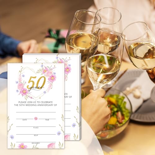 50 Years Anniversary Bridal Shower Invitations Cards, Set of 25 Pink Floral Fill in Style 50th Year Wedding Invites Cards with Envelopes for Couples Marriage Party Supplies-T06 - color: 50 Years-02