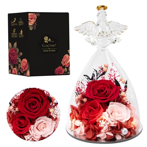 Casaido Mothers Day Rose Gifts for Women, 7" Red Preserved Roses Flowers in Glass Angel Figurine, Birthday Gift for Mom Wife Grandma, Eternal Rose for Valentines Christmas Anniversary - color: Red