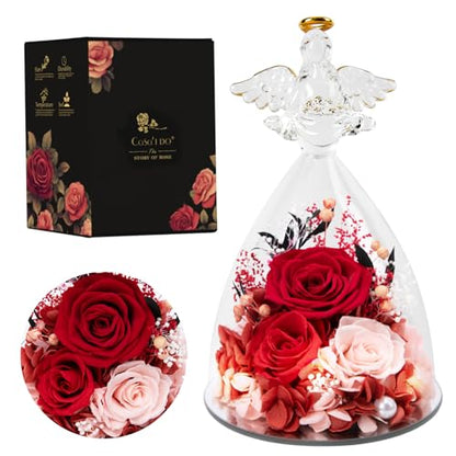 Casaido Mothers Day Rose Gifts for Women, 7" Red Preserved Roses Flowers in Glass Angel Figurine, Birthday Gift for Mom Wife Grandma, Eternal Rose for Valentines Christmas Anniversary - color: Red