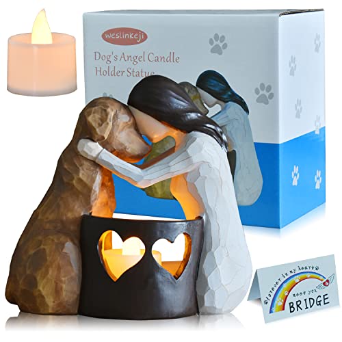 Dog Memorial Gifts，Pet Loss Gifts，Hand-Sculpted Dogs Passing Away Sympathy Gift，Remembrance Gift ，Dog Lovers Candle Holder Statue with LED Candle