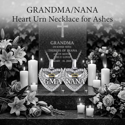 Family Members Urn Necklace for Ashes 925 Sterling Silver Angel Wings Heart Cremation Memorial Keepsake Pendant Jewelry for Loved One's Ashes, with 18" + 2" Stainless Steel Chain - style: Heart-NANA
