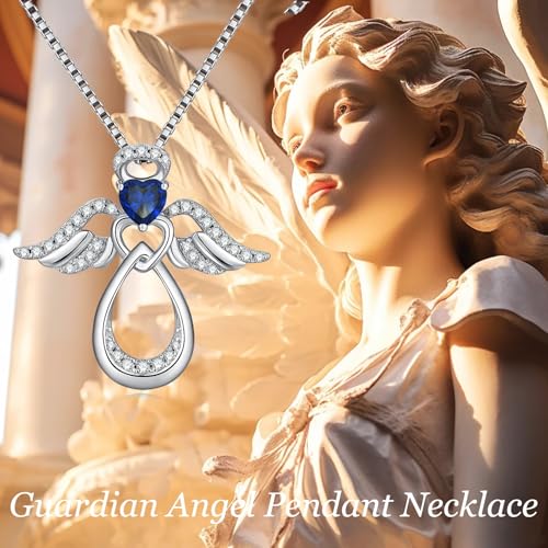 925 Sterling Silver Guardian Angel Pendant Necklace for Women with Birthstone Cubic Zirconia Little Angel Pendant Necklace Jewelry 18 inch Chain - color: 09-Sept-Sapphire