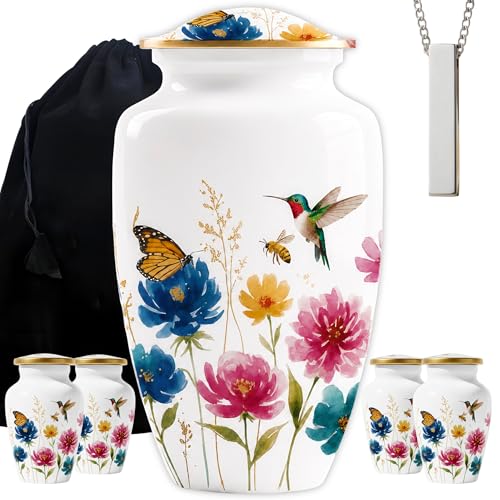 Family Tribute White Flower Cremation Urns for Human Ashes Set – Beautiful Large Funeral Urn for Adult (220lbs) with 4 Small Keepsake Urn & 1 Memorial Ash Necklaces to Honor Your Loved Ones - color: White Flower Premium Urn Set