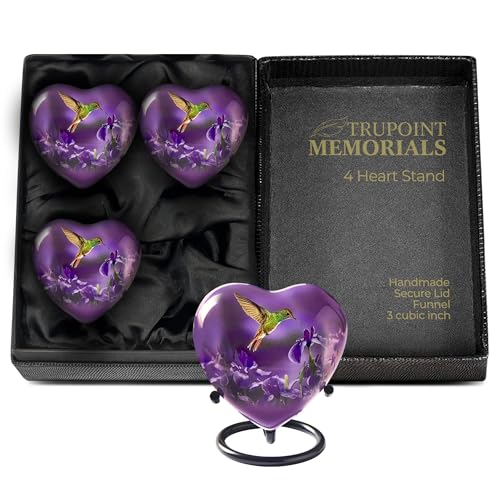 Trupoint Memorials Small Urns for Human Ashes Keepsake, Mini Heart Urn with Stand, Decorative Cremation Urns for Adult Men & Women – Medium Hummingbird Heart Stand - color: Purple Hummingbird