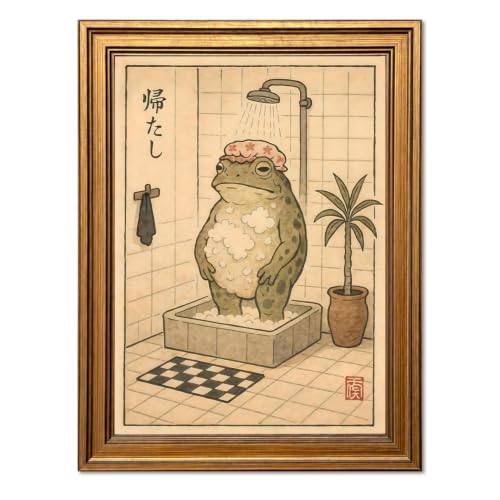 Vintage Gold Framed Bathroom Wall Art, Japanese Funny Frog Showering Pictures Wall Decor, Whimsical Green Animal Paintings Canvas Prints for Bathroom Restroom Shower 16x24 Inch - color: Frog Bathroom, size: 24"L x 16"W