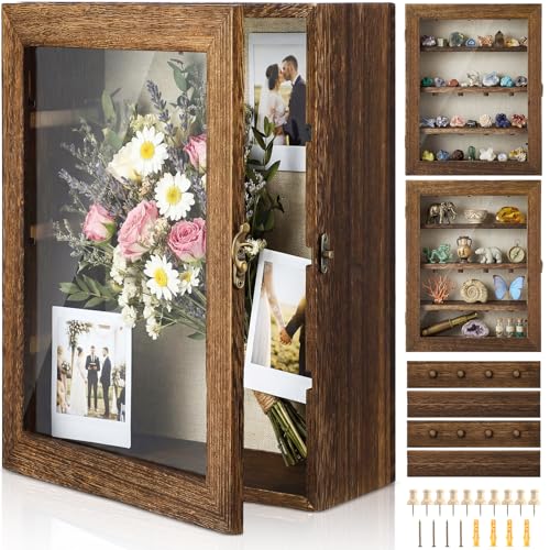 Gerrii Shadow Box Display Case 11 x 13 - Deep 5 Inch Wooden Picture Frame with Linen Back, Removable Shelves, Wooden Memory Case for Wedding Bouquets, Photos, Medals & Keepsakes, Brown - color: Brown, size: 11 x 13 Inches