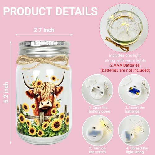 Highland Cow Inspirational Gifts for Women - Double-Sided Decorative Mason Jar Light, New Beginning Self Care Motivational Sunflower Decor Gift for Friends Daughter Sister Coworker - style: Highland Cow Gifts