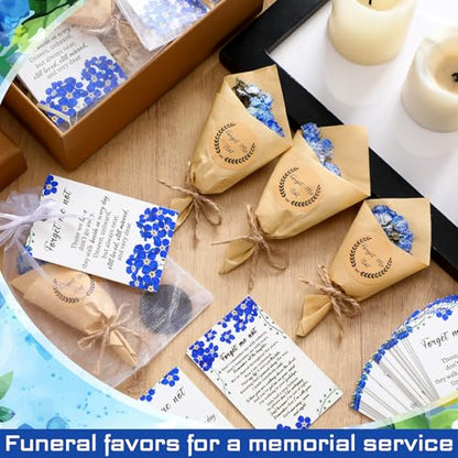 Suncalla 30 Sets Funeral Favors for Guest Forget Me Not Dried Flowers Bouquets Mini Magnet Dried Flower Bouquets with Cards and Organza Bags Celebration of Life Favors for Sympathy Gifts