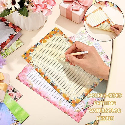 TaoBary 160 Pcs Flower Stationery Paper and Envelopes Set 50 Double Sided Lined Stationery Paper with 50 Matching Envelopes and 60 Round Dot Sticker 5.5 x 8.25'' Letter Writing Kit, 10design - size: 5.5 x 8.25 Inch, style: Flower