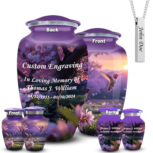 Set of 6 Sunset Hummingbird Custom Engraved Decorative Funeral Urns for Ashes Adult Male & Female Includes 1 Large Urn with 4 Small Keepsakes & 1 Silver Necklaceurn - color: Sunset Hummingbird- Custom
