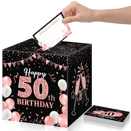 Funrous 50th Birthday Party Message Card Box Cheers to 50 Years Black Rose Gold Advice and Wishes Greeting Card Box for Men Women Birthday Decorations Party Supplies Anniversary Tables Sign Decor - color: Rose Gold, style: 50th Birthday