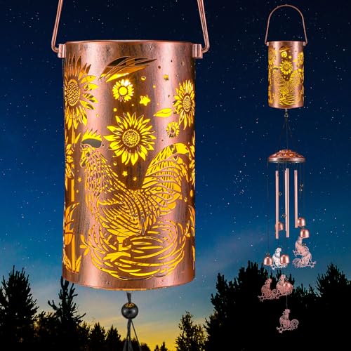 Retisee Rooster Solar Wind Chimes Outdoor Metal Rooster Gifts Solar Light Windchimes Outside Indoors Christmas Decoration Birthday Gift for Home Lawn Porch Patio Garden Yard - style: Rooster