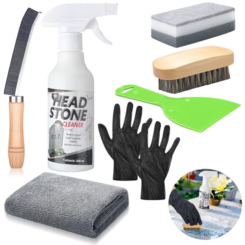 Mixweer 8 Pcs Grave Cleaning Kit for Cemetery, Gravesite Granite Clean | 1 Headstone Cleaner, 1 Spray Cloth, 1 Bristle Brush, 1 Scrub Brush, 1 Sponge, 2 Gloves, 1 Scraper, for Tombstone Cleaning