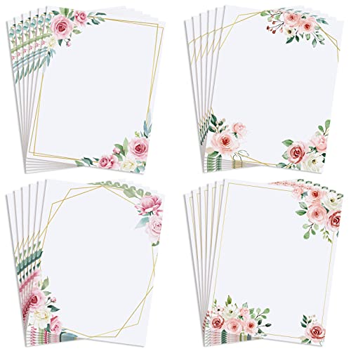 Teling 48 Sheets Decorative Printer Paper Writing Scrapbook Wedding Program Paper 8.27 x 10.6 Inches Greenery Flower Border Writing for Drawing Office Thank Greeting Stationery Supplies (Rose) - style: Rose