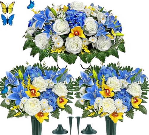 MUVIC Artificial Cemetery Flower Bouquets and Headstone Flower Saddle for Grave,Three-Piece Set:Rose,Rose Lily Hydrangea Cymbidium Daisy, Easy Fit and Colorfast