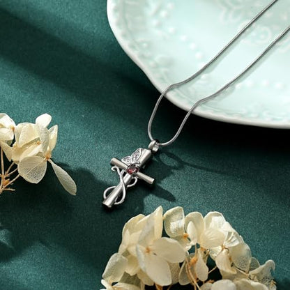 Butterfly Cross Cremation Jewelry Urn Necklaces Cross Butterfly Urn Necklaces for Ashes Memorial Keepsake Pendant for Women Men Gifts With Funnel Kit & Bag - color: Silver+Red