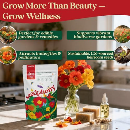 Seedphony Nasturtium Seeds Pack 4 oz - 700 Non-GMO Heirloom Nasturtium Seeds for Planting, Perennial Flowers in Waterproof Seed Packet, Wildflower Seeds for Planting Garden Indoor & Outdoor Gardening - size: Nasturtium 4oz, style: Nasturtium Flower Seeds
