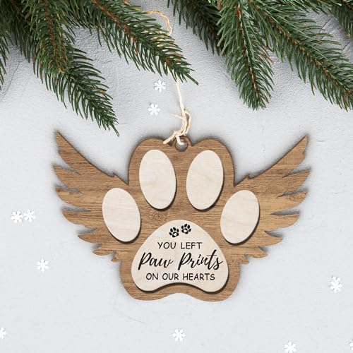 Angel Wings Paw Print Christmas Ornament – Pet Memorial Ornament for Dogs, Sympathy Gift for Bereaved Pet Owners, Remembrance Keepsake for Dog Lovers, Wooden Xmas Ornament - style: Paw Wings Brown