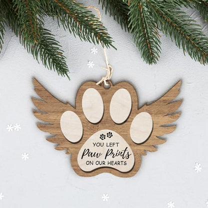 Angel Wings Paw Print Christmas Ornament – Pet Memorial Ornament for Dogs, Sympathy Gift for Bereaved Pet Owners, Remembrance Keepsake for Dog Lovers, Wooden Xmas Ornament - style: Paw Wings Brown