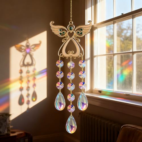 Angel Sun Catcher with Crystal, White and Silver, Metal and Crystal, 15 Inch, Hanging Wind Chime Ornament for Windows, Garden, Home Decor, Wedding, Christmas Tree (Green) - color: Green
