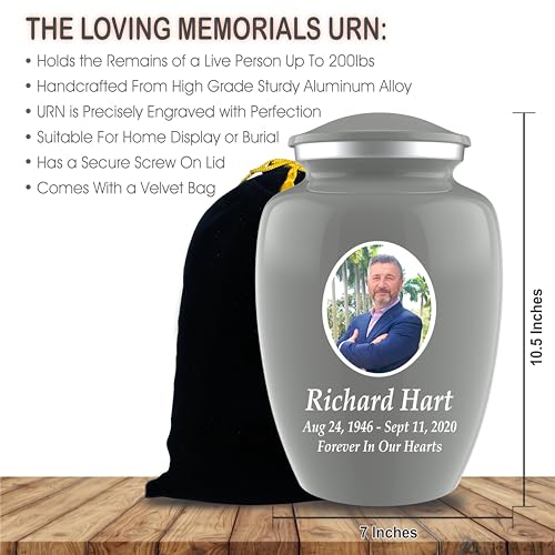 Personalized Photo Cremation Urns for Adult Ashes Male Female - 200lbs Custom Photo Burial Urns for Human Ashes - Engraved Handcrafted Funeral Decorative Urns for Adult with Velvet Bag, Grey
