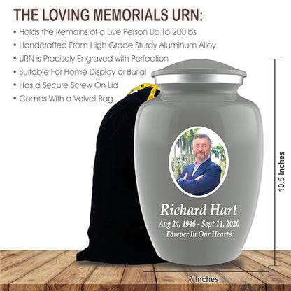 Personalized Photo Cremation Urns for Adult Ashes Male Female - 200lbs Custom Photo Burial Urns for Human Ashes - Engraved Handcrafted Funeral Decorative Urns for Adult with Velvet Bag, Grey