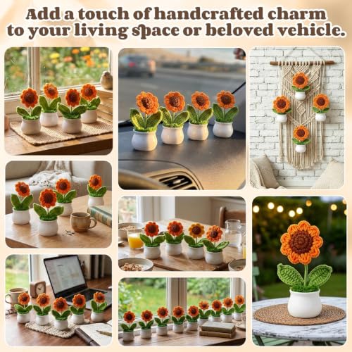 9 Pack Sunflower Crochet Flower Bouquet Pot Bulk Sunflower Thank You Gifts Handmade Knitted Flower Mini Floral Plant for Women Coworker Summer Wedding Home Table Car Decor - style: Sunflower