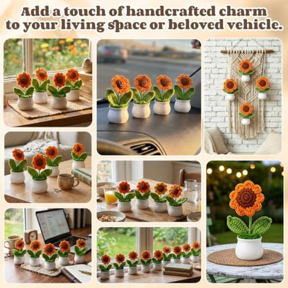 9 Pack Sunflower Crochet Flower Bouquet Pot Bulk Sunflower Thank You Gifts Handmade Knitted Flower Mini Floral Plant for Women Coworker Summer Wedding Home Table Car Decor - style: Sunflower