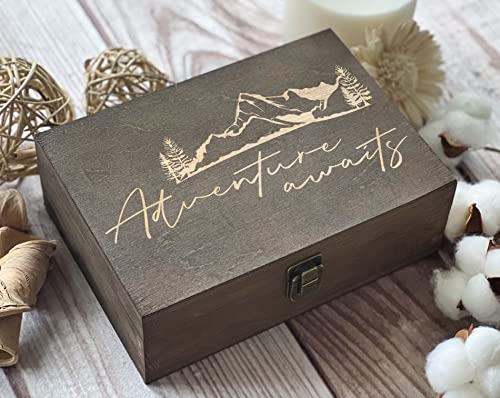 Adventure Awaits Dark Walnut Wooden Keepsake Box - 8.5x6x3in, Elegant Memory Box, Ideal Gift for Travelers and Couples, Spacious & Durable, Unique Christmas gift - color: Design 6